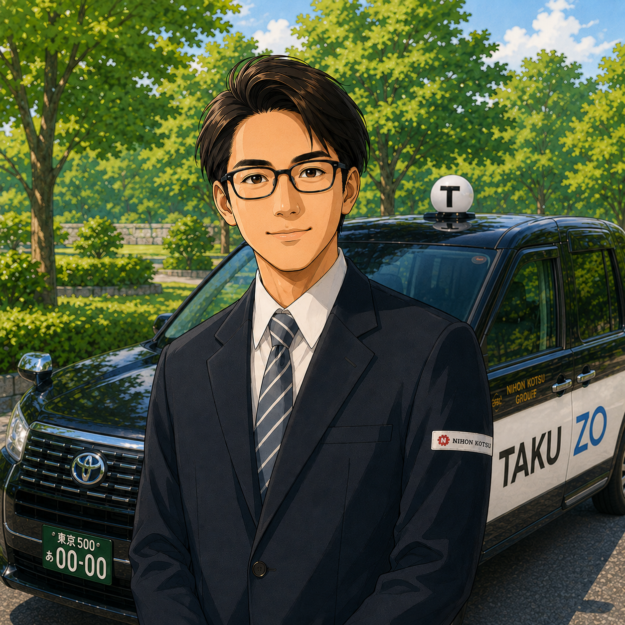 Takuzo — JPN TAXIの前に立つイラスト